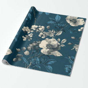Papier Cadeau Élégant floral vintage botanique bleu marine rusti