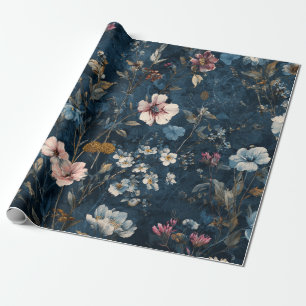 Papier Cadeau Élégant floral vintage botanique bleu marine rusti