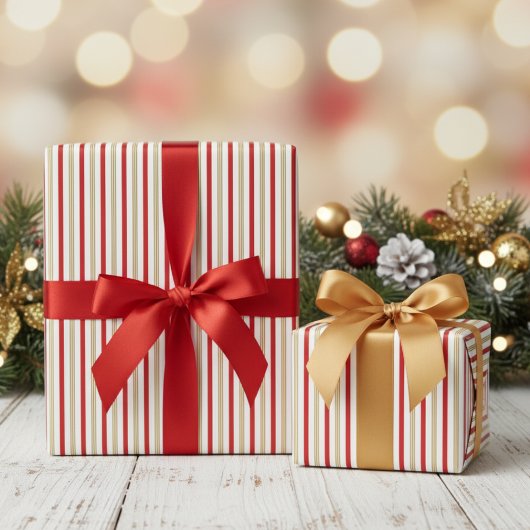 Papier Cadeau Elegant Gold and Red Candy Cane Pinstripe Pattern