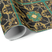 Papier Cadeau Elegant Gold Chain and Baroque Luxury Green and Bl (Coin rond)