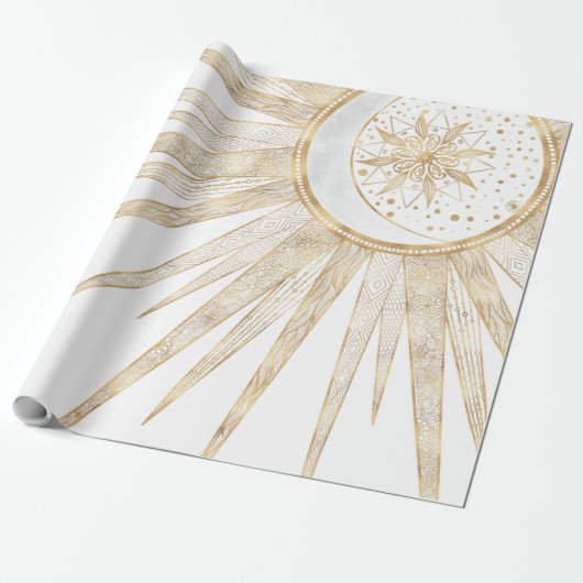 Papier Cadeau Elegant Gold Doodles Sun Moon Mandala Design (Déroulé)