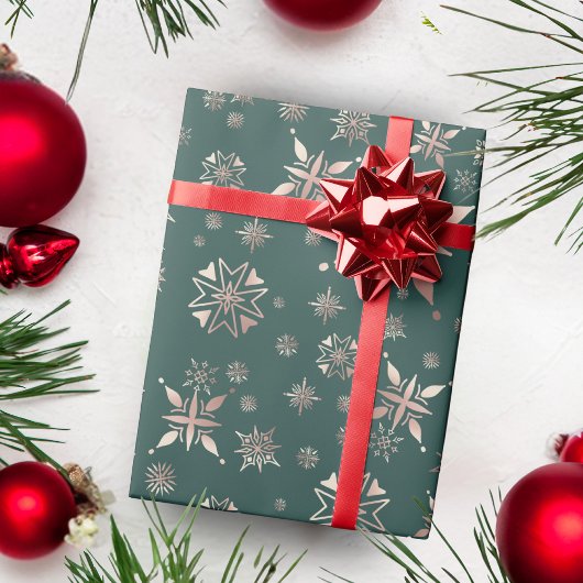 Papier Cadeau Élégant Gold Snowflakes Green Holiday