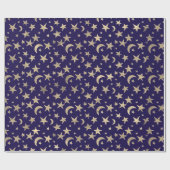 Papier Cadeau Elégant Golden Stars Moon Blue Navy Champaigne (Plat)