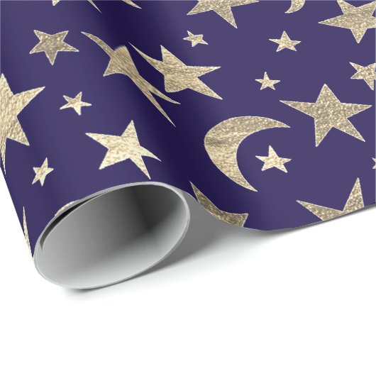 Papier Cadeau Elégant Golden Stars Moon Blue Navy Champaigne (Coin rond)