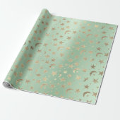 Papier Cadeau Elégant Golden Stars Moon Mint Green Champaigne (Déroulé)