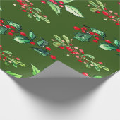 Papier Cadeau Élégant Green Christmas Holly Berries Holiday (Coin)