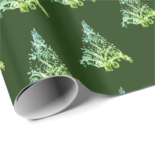 Papier Cadeau Elegant Green Christmas Tree Motif Ajouter un nom (Coin rond)