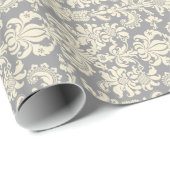 Papier Cadeau Élégant Gris Clair Et Crème Floral Damas (Coin rond)