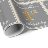Papier Cadeau Elégant, Gris, Faux Gold 1er Anniversaire; Nom per (Coin rond)
