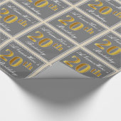 Papier Cadeau Elégant, gris, Faux Gold 20e anniversaire + Nom (Coin)
