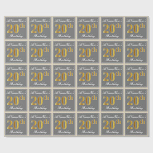 Papier Cadeau Elégant, gris, Faux Gold 20e anniversaire + Nom