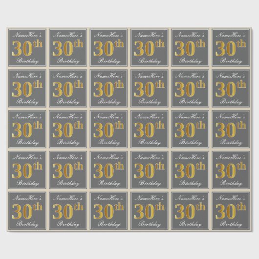 Papier Cadeau Elégant, gris, Faux Gold 30e anniversaire + Nom (Plat)