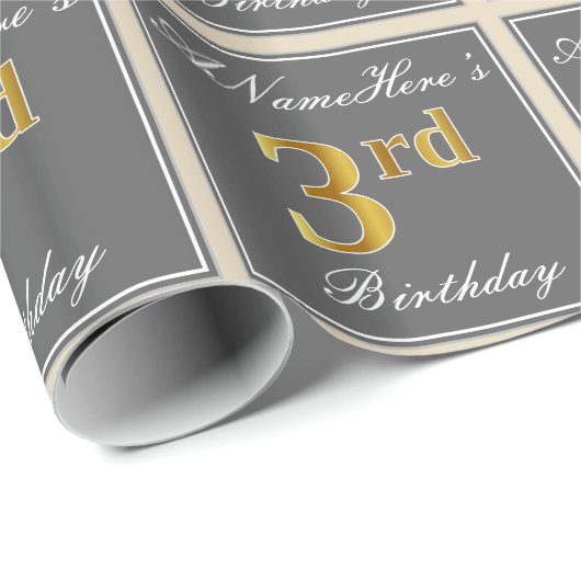 Papier Cadeau Elégant, gris, Faux Gold 3e anniversaire; Nom pers (Coin rond)