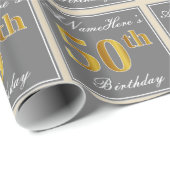Papier Cadeau Elégant, gris, Faux Gold 50e Anniversaire + Nom (Coin rond)