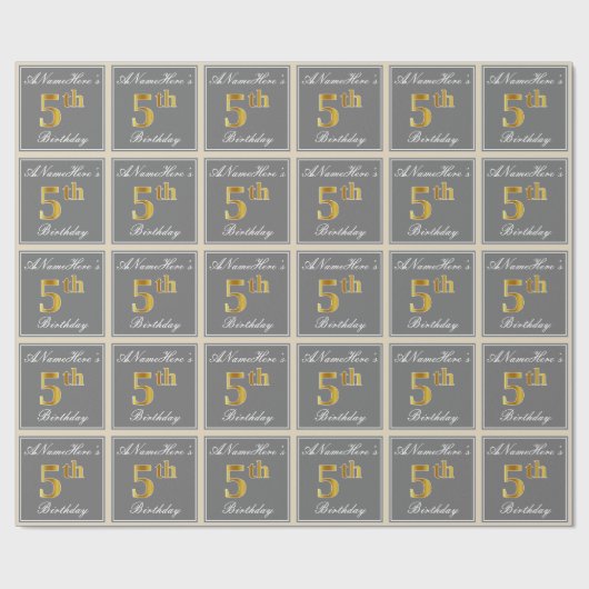 Papier Cadeau Elégant, gris, Faux Gold 5e anniversaire; Nom pers (Plat)