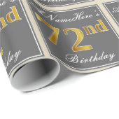 Papier Cadeau Elégant, gris, Faux Gold 72e anniversaire + Nom (Coin rond)