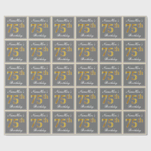 Papier Cadeau Elégant, gris, Faux Gold 75e anniversaire + Nom