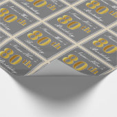 Papier Cadeau Elégant, gris, Faux Gold 80e anniversaire + Nom (Coin)
