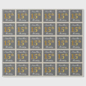 Papier Cadeau Elégant, gris, Faux Or 15ème anniversaire + Nom (Plat)
