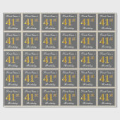 Papier Cadeau Elégant, gris, Faux Or 41ème Anniversaire + Nom (Plat)