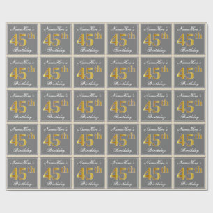 Papier Cadeau Elégant, gris, Faux Or 45ème anniversaire + Nom