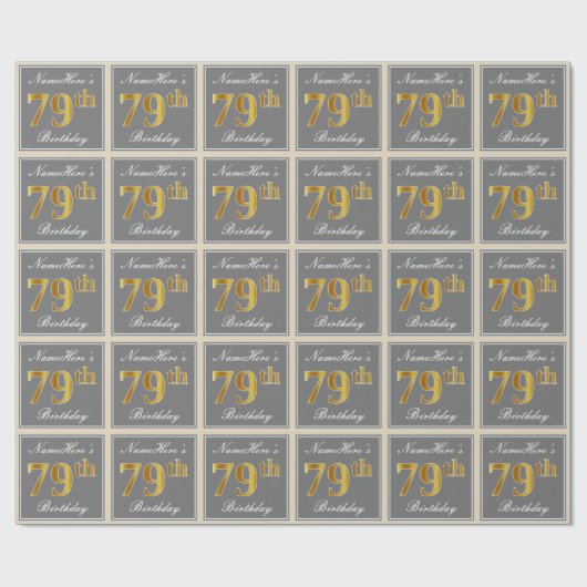 Papier Cadeau Elégant, gris, Faux Or 79ème anniversaire + Nom (Plat)