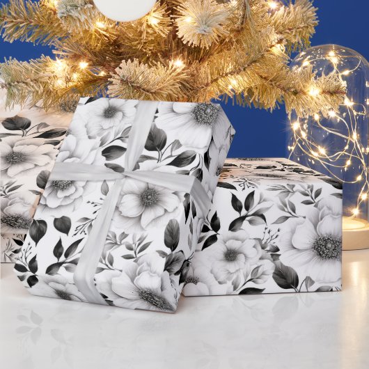 Papier Cadeau Élégant hiver noir et blanc fleuri Noël (Vacances)