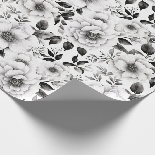 Papier Cadeau Élégant hiver noir et blanc fleuri Noël (Coin)