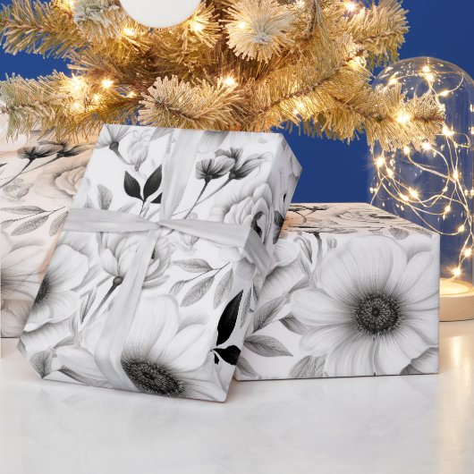 Papier Cadeau Élégant hiver noir et blanc fleuri Noël (Vacances)