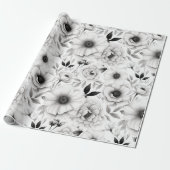 Papier Cadeau Élégant hiver noir et blanc fleuri Noël (Déroulé)