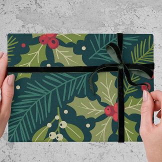 Papier Cadeau Elegant Holly Berries Greenery Christmas Gift