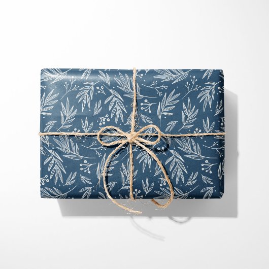 Papier Cadeau Elegant Holly & Berry Stems Blue
