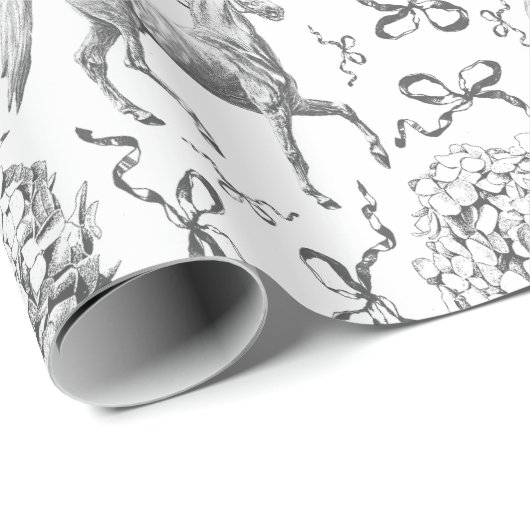 Papier Cadeau Elégant Horse Hydrangea Bows Black White Toile (Coin rond)