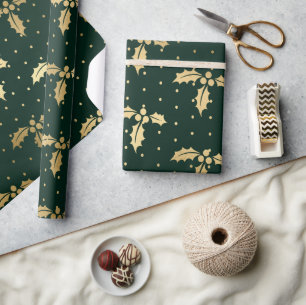 Papier Cadeau Élégant houx de Noël vert et feuille d'or