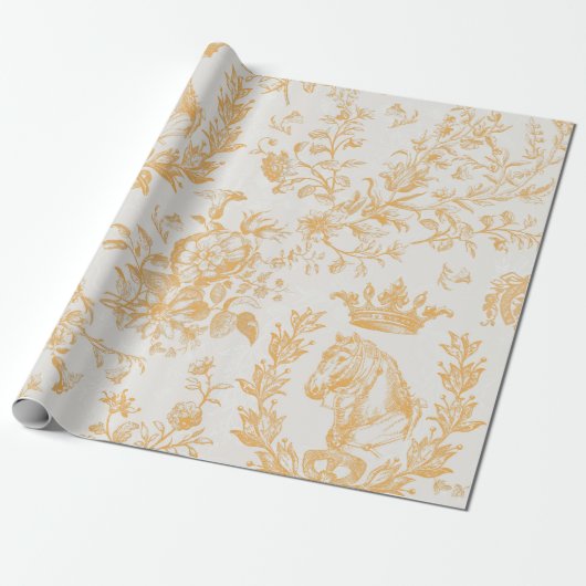 Papier Cadeau Elégant Jaune Beige Or Equestre Toile Florale (Déroulé)
