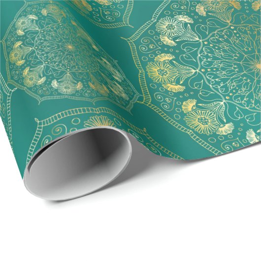 Papier Cadeau Elégant Jaune Jaune Daisy Snowdrop Mandala Turquoi (Coin rond)