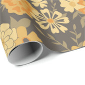 Papier Cadeau Elégant Jaune Orange Fleurs Sur Brown (Coin rond)