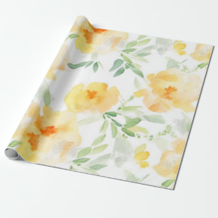 Papier Cadeau Elégant jaune pêche orange aquarelle fleurie