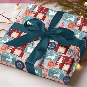 Papier Cadeau Élégant Joyeux Noël bleu Rouge Collage
