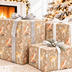Papier Cadeau Élégant Kraft Rustique Animaux d'Hiver Grande Éche
