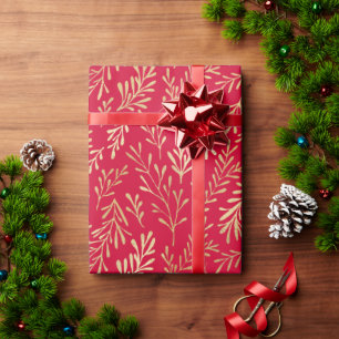 Papier Cadeau Elégant Luxe Rouge Leaf Motif Noël