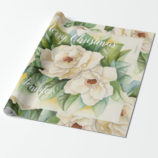 Papier Cadeau Élégant Magnolia de Noël Floral Nom blanc  (Déroulé)