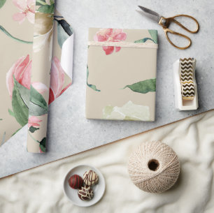 Papier Cadeau Élégant mariage aux roses roses et crème à l'aquar