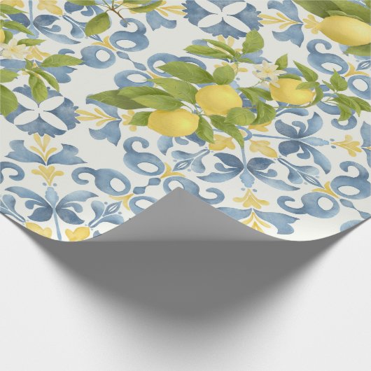 Papier Cadeau Élégant Mariage citron en carrelage bleu italien (Coin)