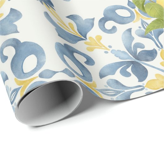 Papier Cadeau Élégant Mariage citron en carrelage bleu italien (Coin rond)