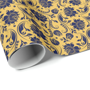 Papier Cadeau Elégant Marine bleu Floral Damas Jaune Arrière - p