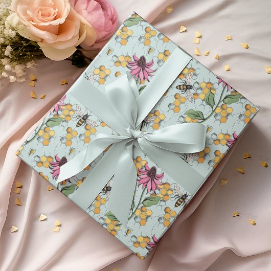 Papier Cadeau Elégant Mint Queen Bee, Honeycomb & Fleurs