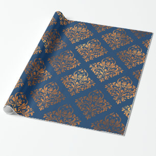 Papier Cadeau Elégant modèle bleu cuivre or Damask de la marine