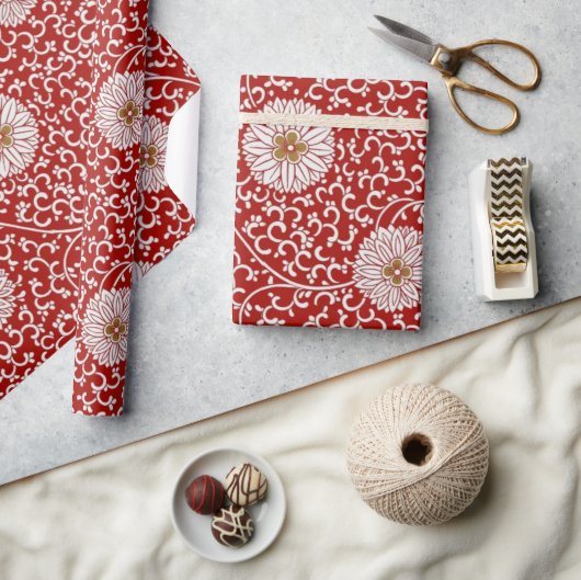 Papier Cadeau Élégant modèle chinois rouge or floral (Artisanat)