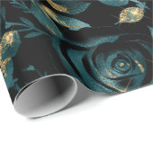 Papier Cadeau Élégant modèle floral Turquoise et Rose or (Coin rond)